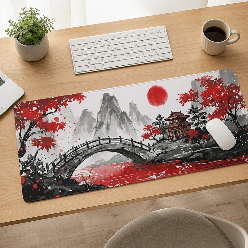 Mouse Pad Gaming Red Maple Bridge Landscape printon demand Large Custom Mousepad XXL Mouse Mat PC Mouse Mats Desktop Mouse Pad