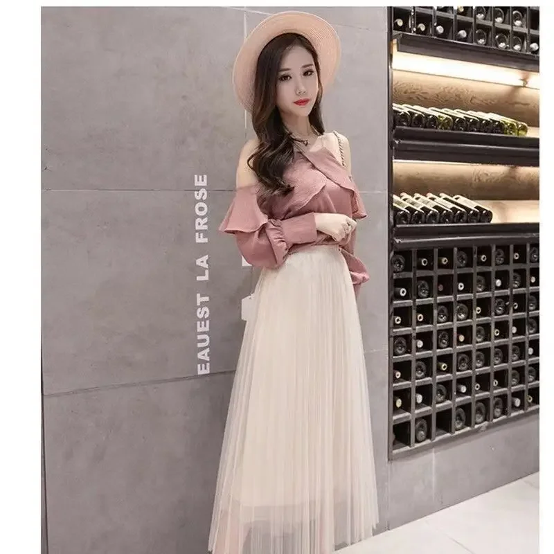 Tulle Skirt Women\'s Pleated Skirt High Waist Long A- line Swinging Skirt Woman Skirts Mujer Faldas Saias Mulher