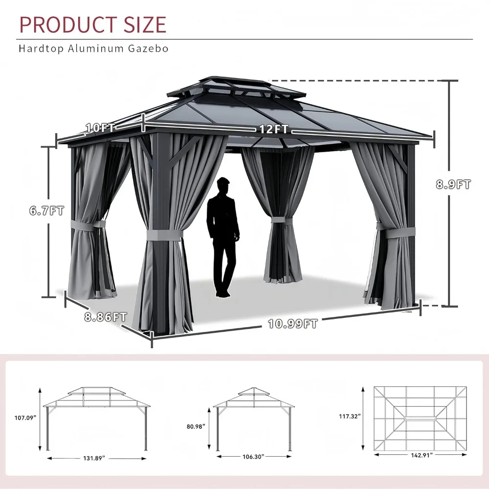 

12'x10' Hardtop Gazebo Double Polycarbonate Roof Outdoor Metal Sturdy Aluminum Frame Removable Customizable Gazebo