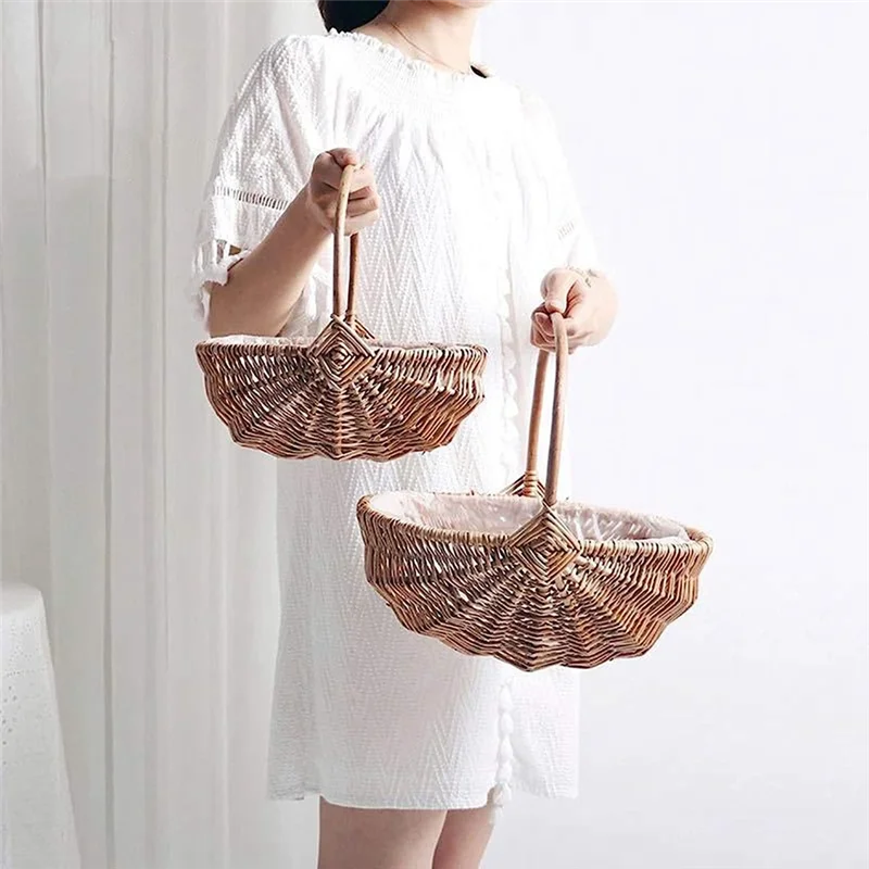 Handwoven Flower Girl Basket with Handle, Willow Storage Basket Empty Wicker Picnic Basket, Wedding Flower Girl Baskets