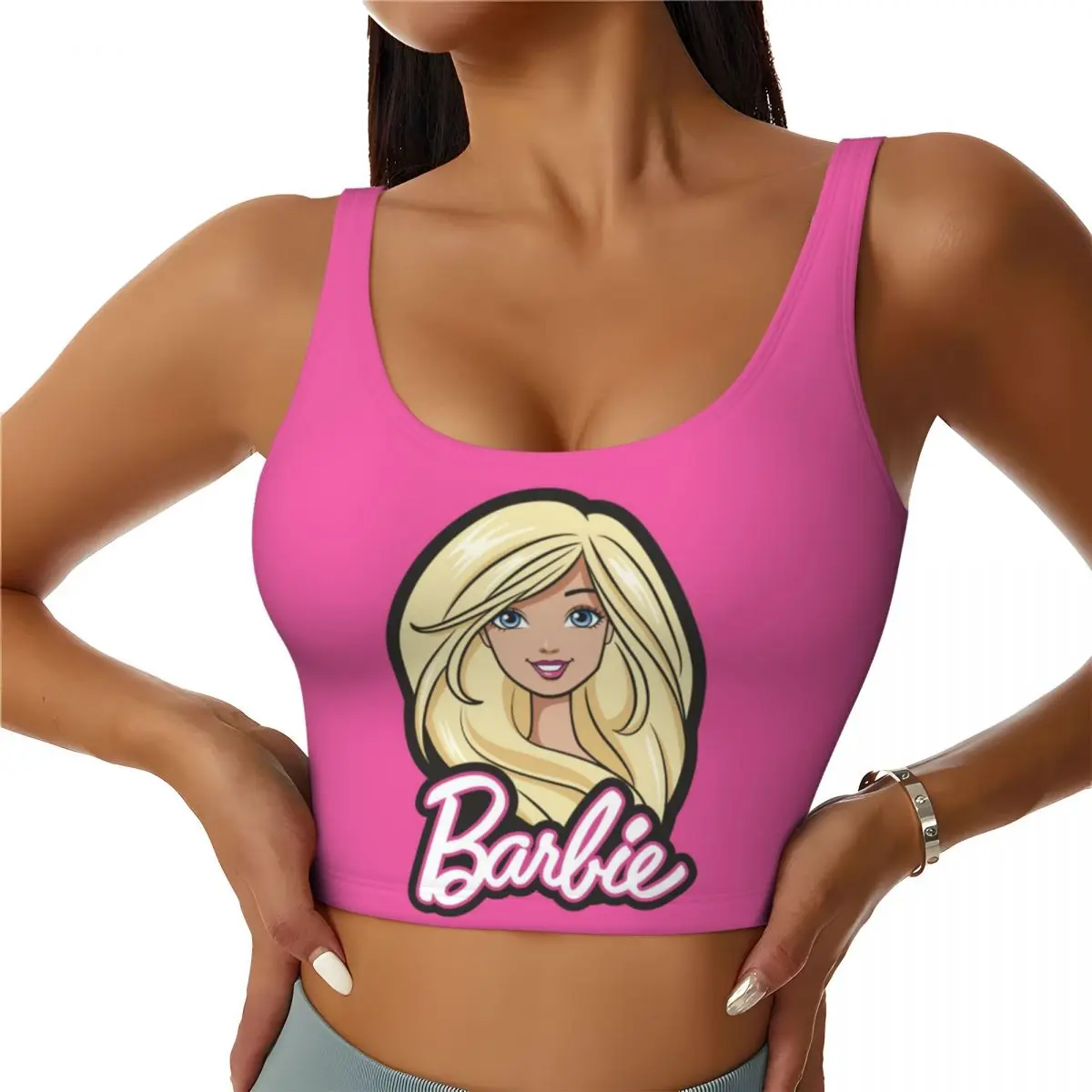 Custom Women Barbie Cartoons Sports Bras High Impact Gym Workout Running Crop Tank Tops