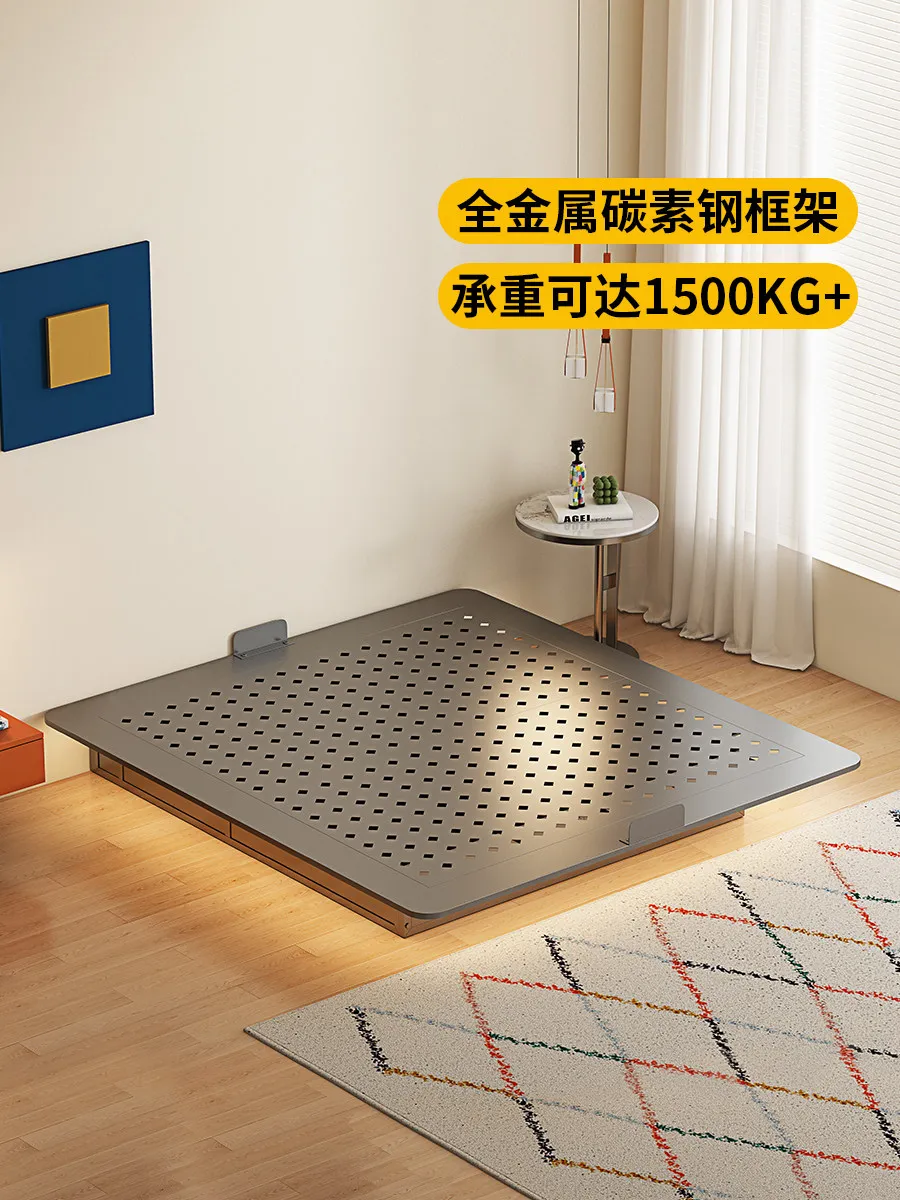 Floating storage bed without headboard, master bedroom, carbon steel frame, wrought iron, small apartment double bed