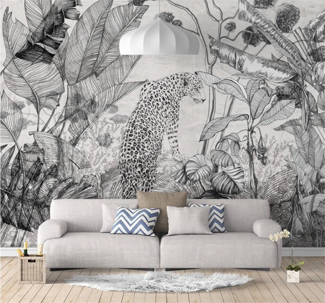 Custom 3d wallpaper mural Black and white retro tropical plants wallpapers for living room background wall stickers home decor