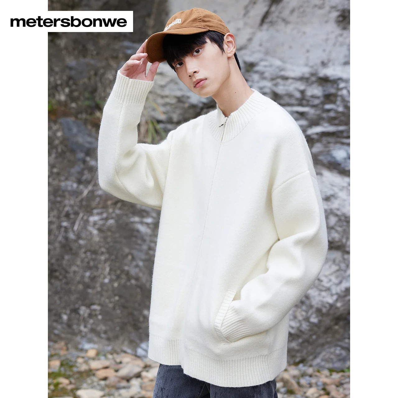 Metersbonwe-Men's  White Woolen Cardigan Loose Letter Jacquard Soft And Basics Simple Teenager Casual Youth Fashion Coats Winter