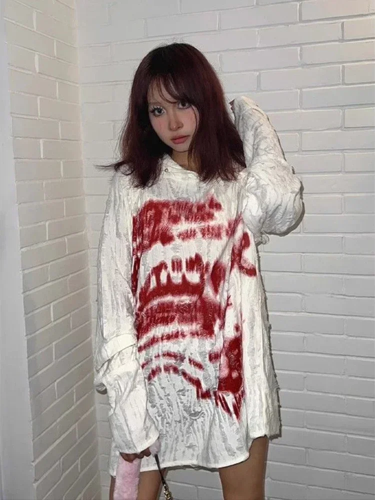 HOUZHOU Y2k Gothic Vintage Women Hoodies Harajuku Print Japanese Fashion Hooded Pullovers Loose Long Sleeve Grunge Streetwear