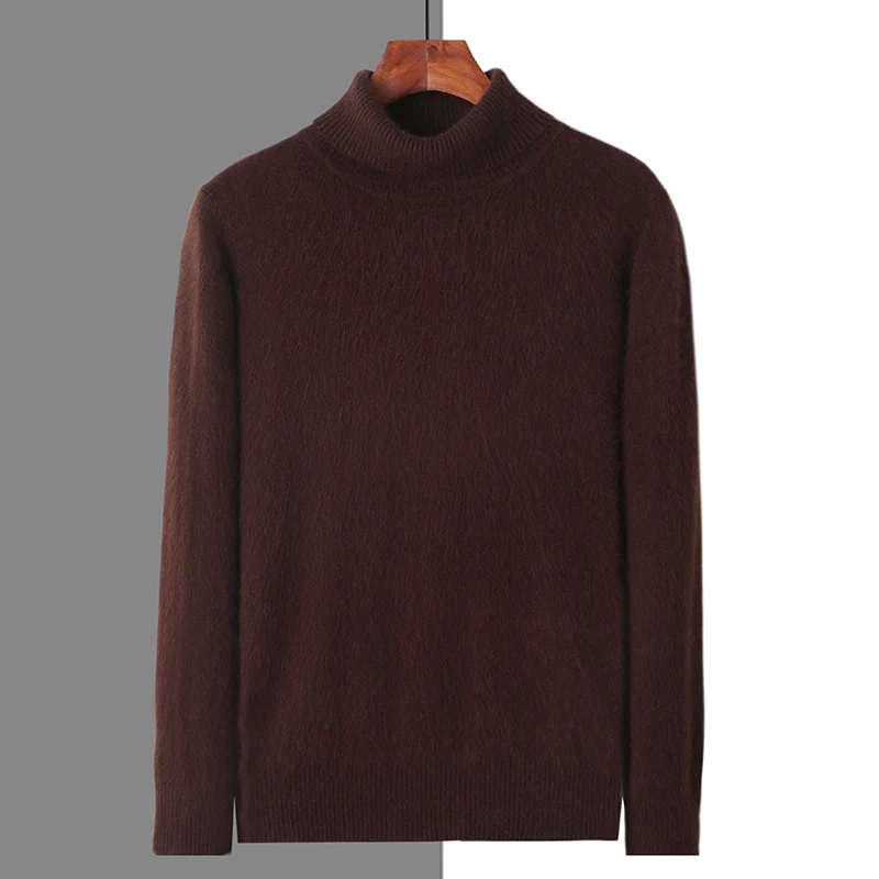 Autumn and winter new 100% pure mink velvet turtleneck men's long sleeve warm loose casual knitted sweater.