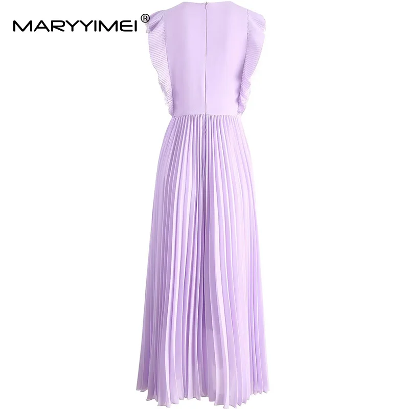 MARYYIMEI 패션 디자인 여성 드레스 민소매 Flounced Edge 레이스 접합 파티 댄스 파티 솔리드 Pleated Dresses