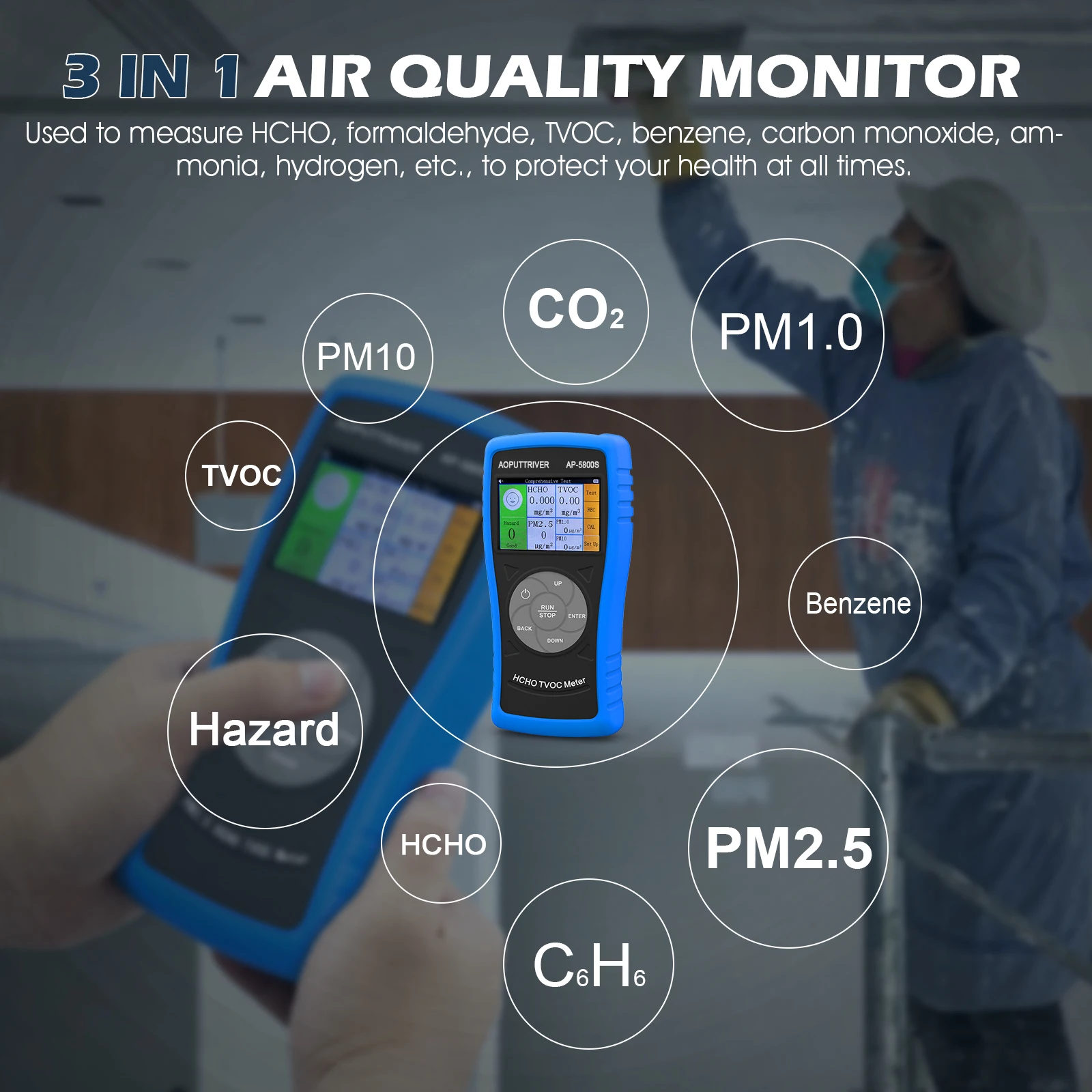 

3 in 1 Air Quality Monitor Formaldehyde Detector USB Rechargeable Indoor Outdoor PM2.5 PM10 HCHO TVOC Tester