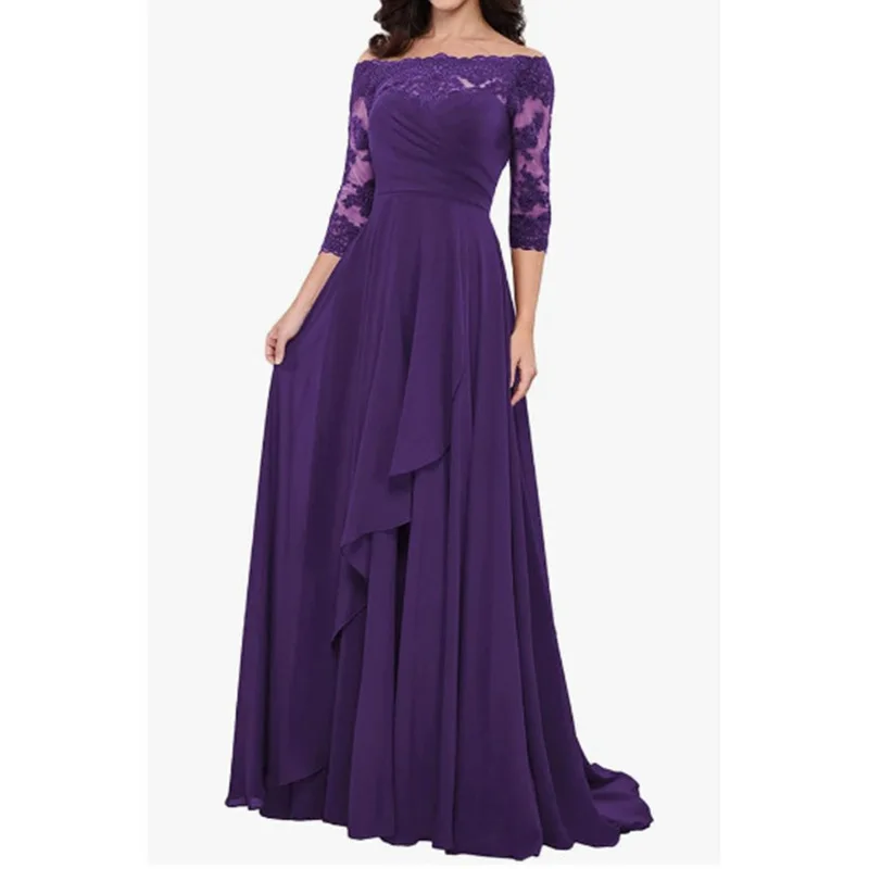 Customized Elegant Slash Collar Half Sleeve Bridesmaid Dresses Temperament High Waist Slim Fit Vestidos Exquisite Embroidery App