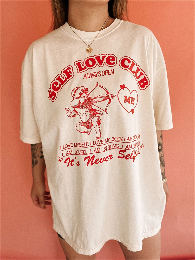

Self Love Club Always Open Cupid's Arrow Female Cotton Short Sleeve Personality Street Retro Tops Casual All-math Womens T-Shirt