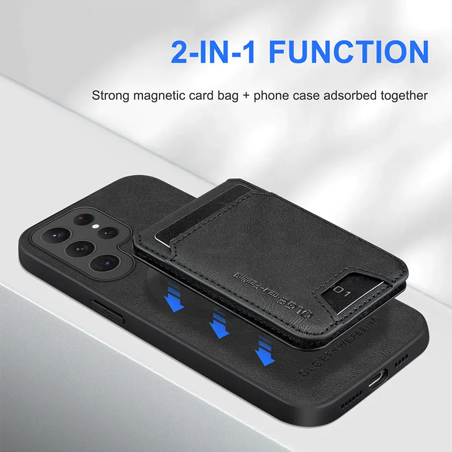 

OLGE Luxury Calfskin 2 in 1 Detachable Card Bag Case for Galaxy S25 Ultra S24 S23 S21 S25 FE S22 S20 Plus Wireless Charging Case