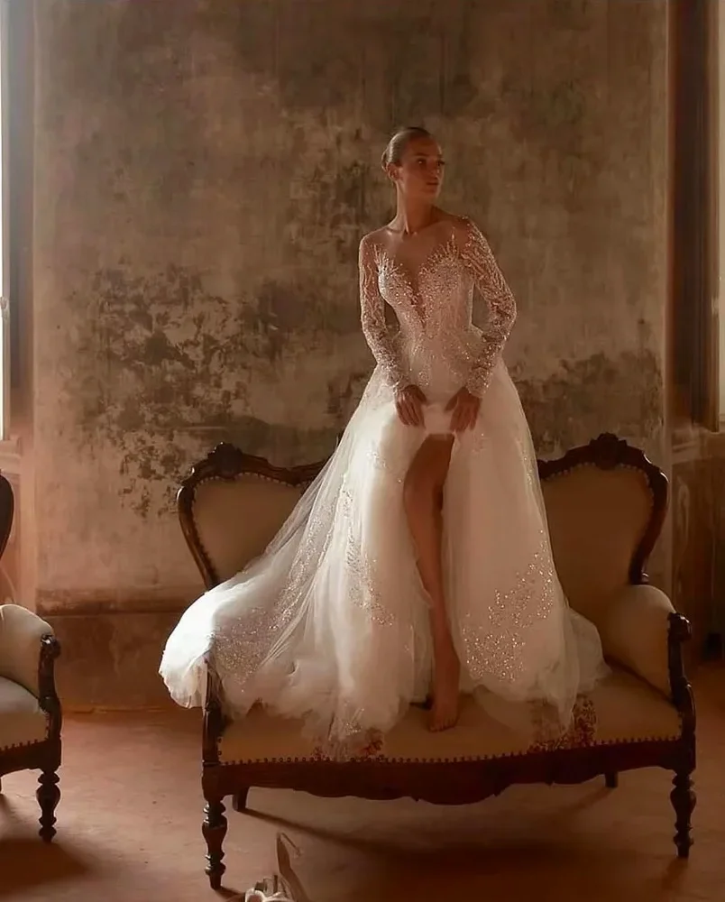 

2025 Elegant V-Neck Long Sleeve Wedding Dresses ballgown Vestido De Novia Embroidery Detachable Train Customized Rope De Mariee