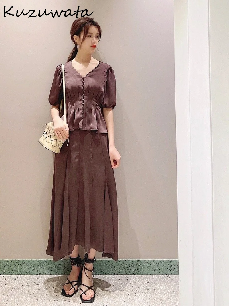 Kuzuwata Japanese Temperament V Neck Puff Short Sleeve Shirts Draped Irregular High Waist Skirts 2024 Spring Woman Clothing