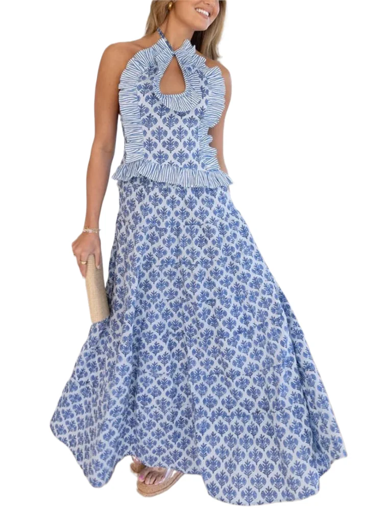 

Women's Spring Summer New Fashionable Hanging Neck Sexy Hollow Top Printed Casual Half Skirt Two Piece Set