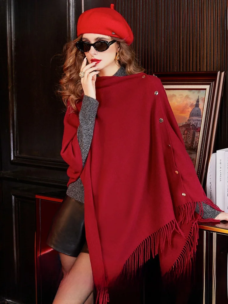 

Red Tassel Scarf Women's Winter Thick Wide Standard Year Christmas New Year Double Use Shawl Elegant Style Polyester Fiber