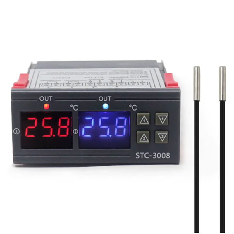 STC-3008 Dual Digital Temperature Controller Two Relay Output AC 220V DC 12V 24V Digital Thermostat for Cooling and Heating