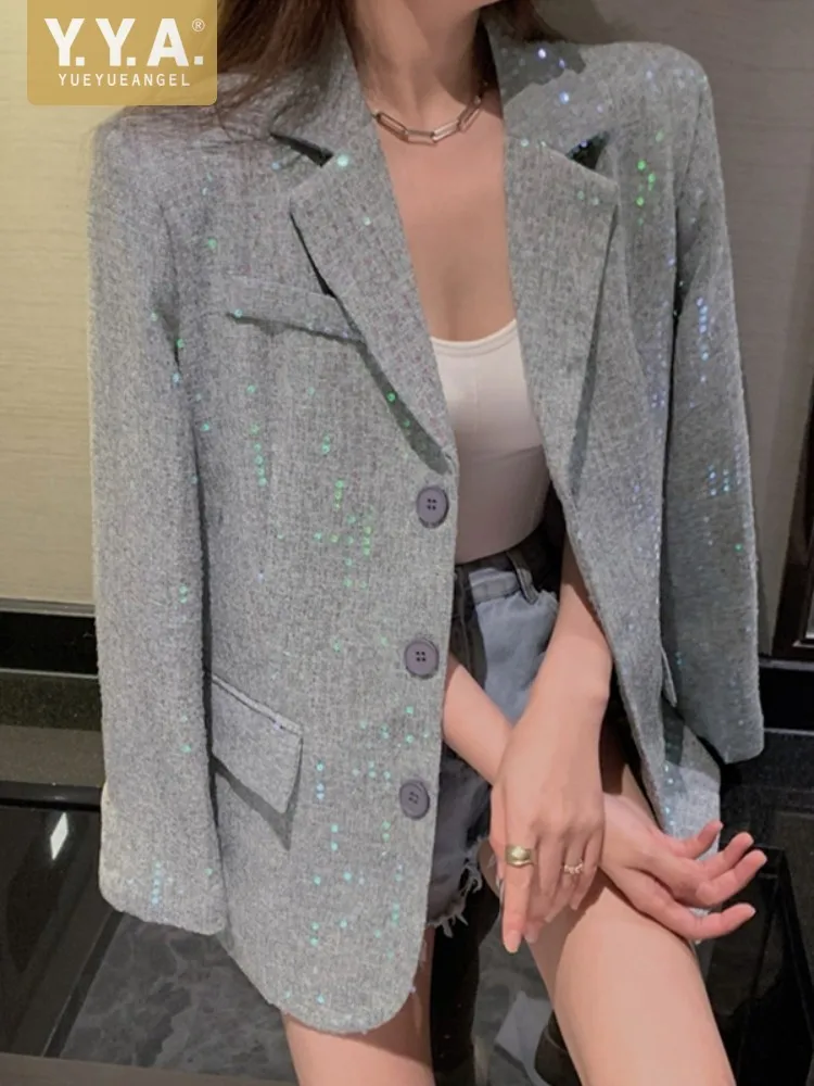 Party Shiny Suit Jacket Women Long Sleeve Casual Outerwear Fashion Sequined Blazer Tops Single Breasted Office Ladies Blazers