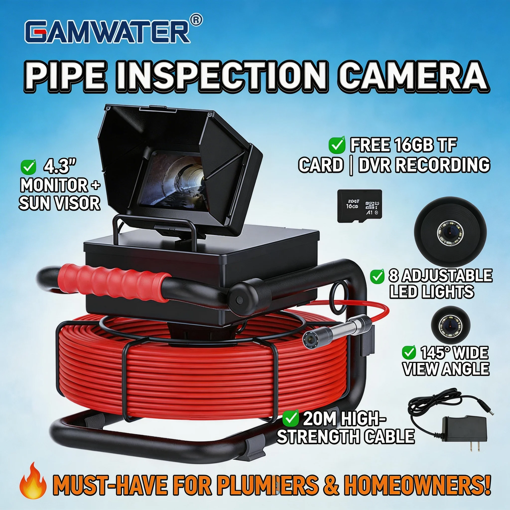 

20M Sewer Camera 22mm 12LED 5600mAh HD 1000TVL, 4.3" Monitor DVR 16G Card IP68 Industrial Endoscope for Drain Pipe HVAC Plumber