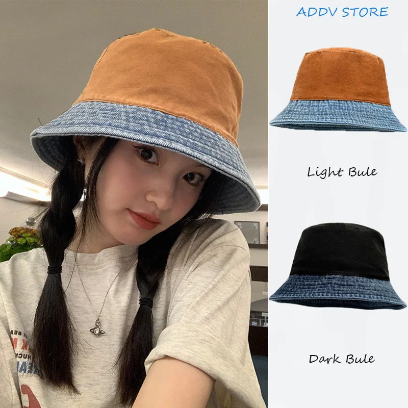 

Women Double-sided Wearing Denim Fisherman Hat Color-block Spring and Summer High-end Sense Large Brim Visor Leisure Bucket Hat