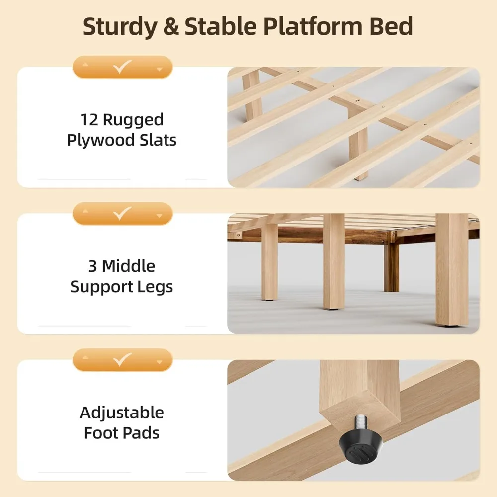 إطار سرير كوين من الخشب من TOLEAD مع لوح رأسي، إطار سرير بمنصة خشبية مقاس كوين، إطار سرير من خشب السنط الصلب مع Wo #5