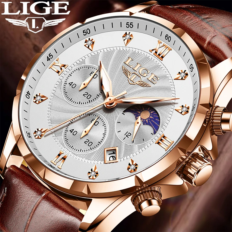 

LIGE Men Watches Casual Business Watch Mens Luxury Waterproof Luminous Chronograph Wristwatch Quartz Watch Leather Reloj Hombre