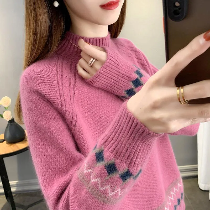 New Autumn/Winter Korean Edition Lazy Colored Jacquard Half High Neck Loose and Versatile Western Style Slimming Knitted Sweater