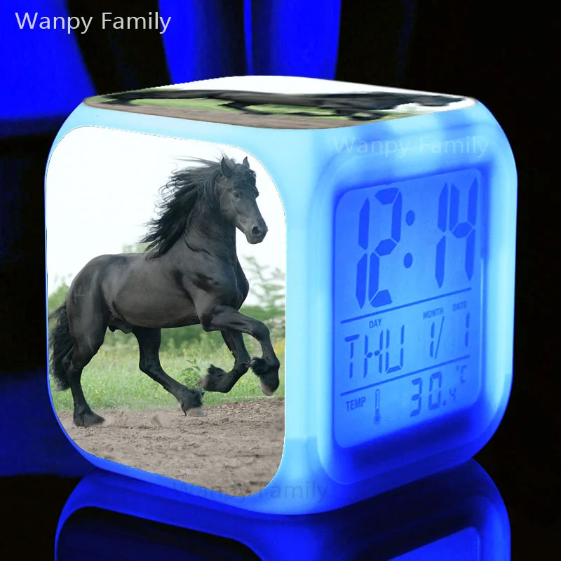 Horse Alarm Clock 7 Color Changing Wake Up Timer Portable Desk Clock With Thermometer Calendars For Kids Birthday Gifts