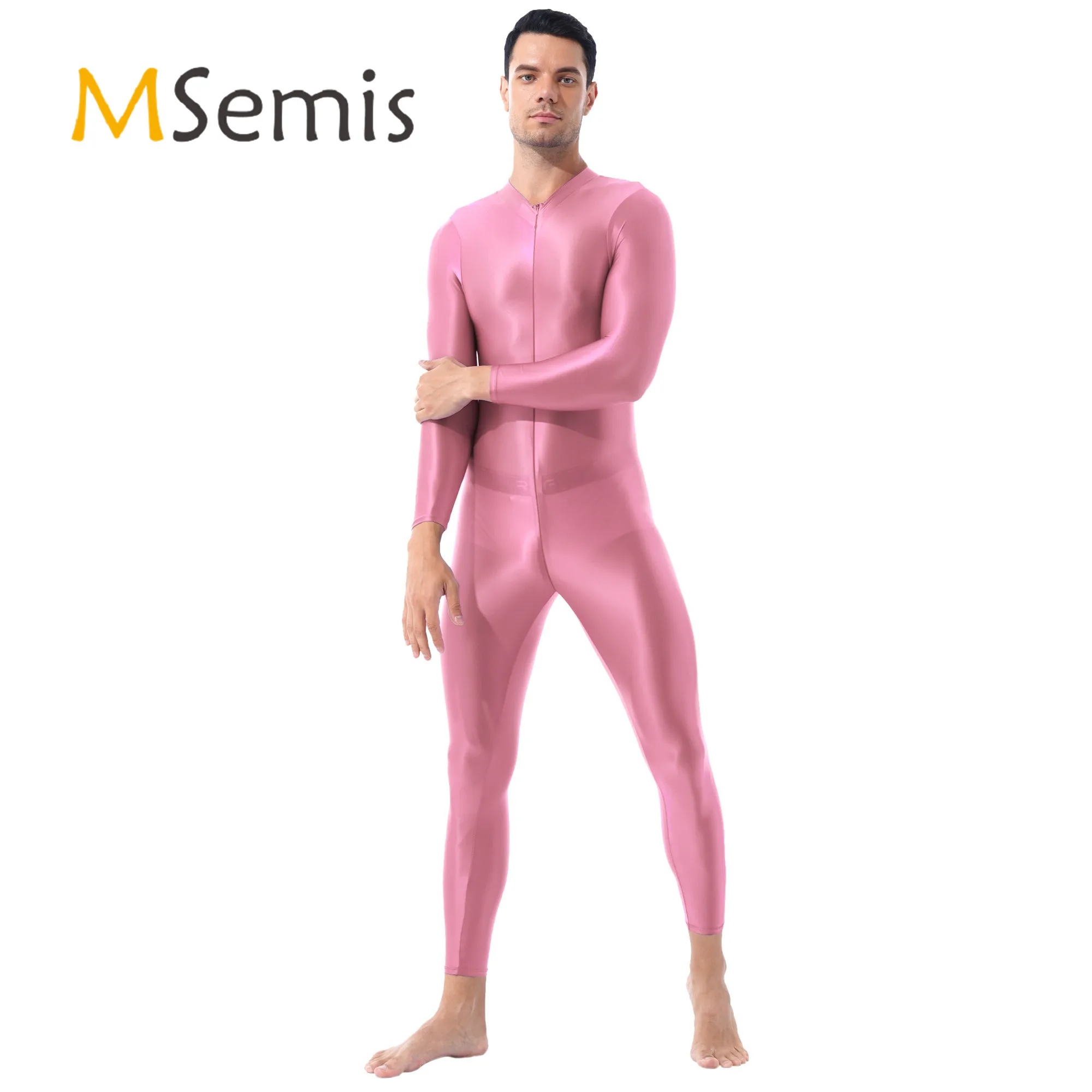 

Mens Lingerie Bodystocking Ankle Length Double-ended Zipper Bodysuit Shimmery Smooth High Neck Long Sleeves Leotard Jumpsuit