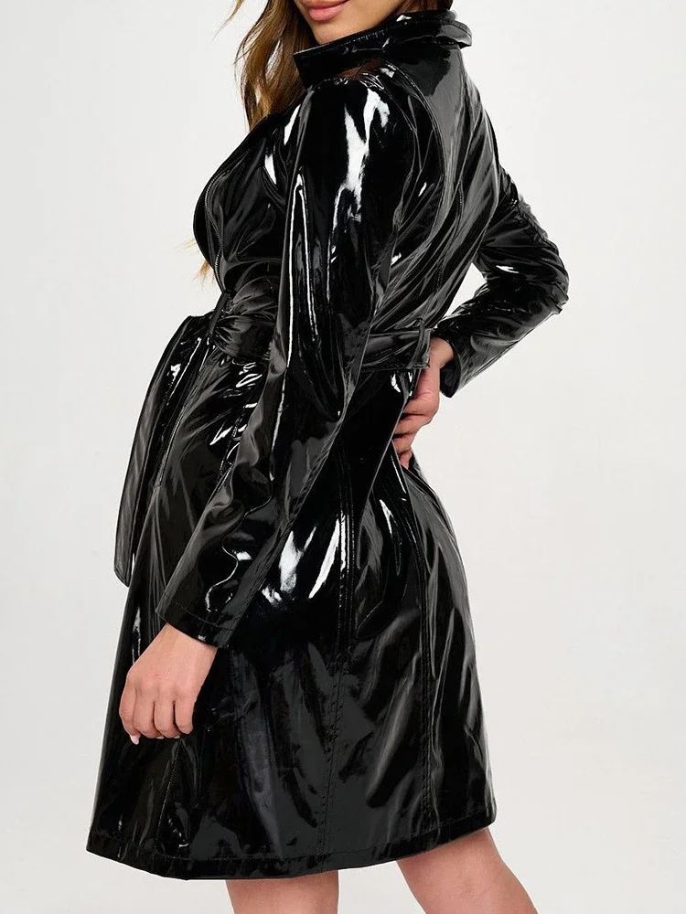 Glossy Faux Leather Women Long Turn-down Collar Dress Lady Chic Casual Shiny PU Dresses With Belt Pocket New Long Trench Custom