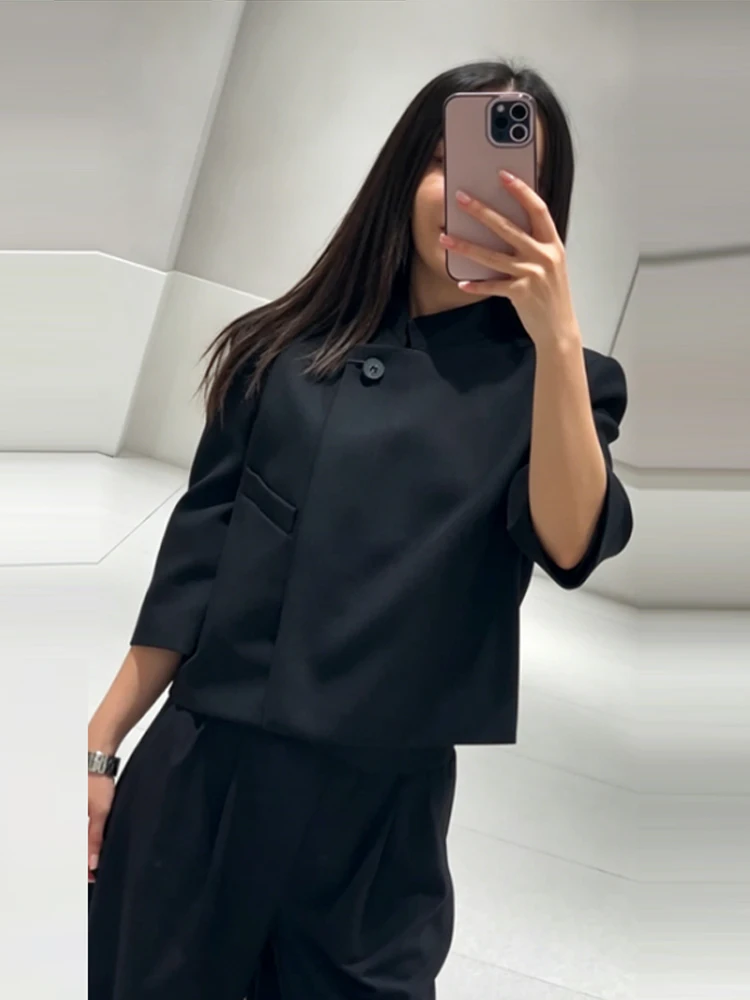 Damenmäntel mit Umlegekragen, kurzen Ärmeln, seitlicher Knopfleiste, einreihig, kurze Anzugjacke, modisch, für Büro und Party, neu – Detail 9