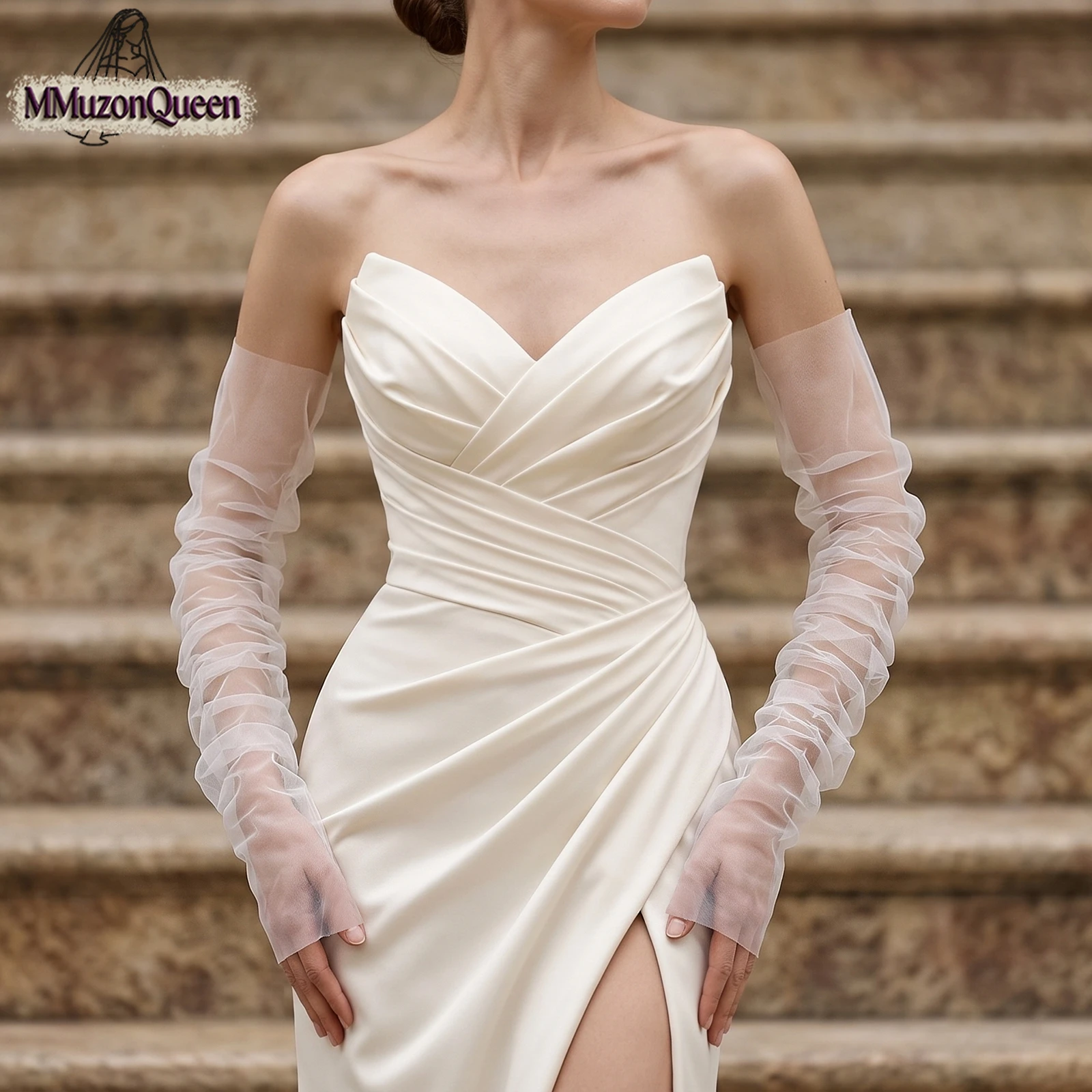 TOPQUEEN Mangas Desmontables Novia Removable Bride Sleeves Wedding Bridal Gloves Elbow Length Ladies Diy Gloves Sheer Vm20a