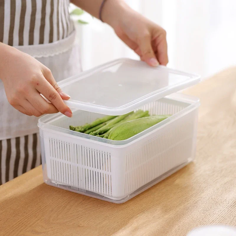 

Kitchen Storage Box Refrigerator Keep Fresh Box Vegetable Fruit Drain Crisper Multifunctional Plastic Basket Container With Lip