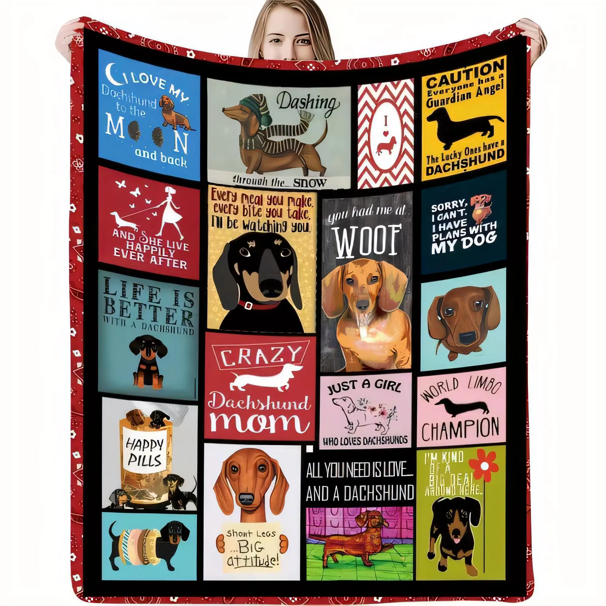 Dackel-Patchwork-Decke, niedlicher bunter Überwurf mit humorvollen Zitaten, tolles Geschenk für Hundeliebhaber, gemütliche, weiche, warme Decke für Zuhause, S