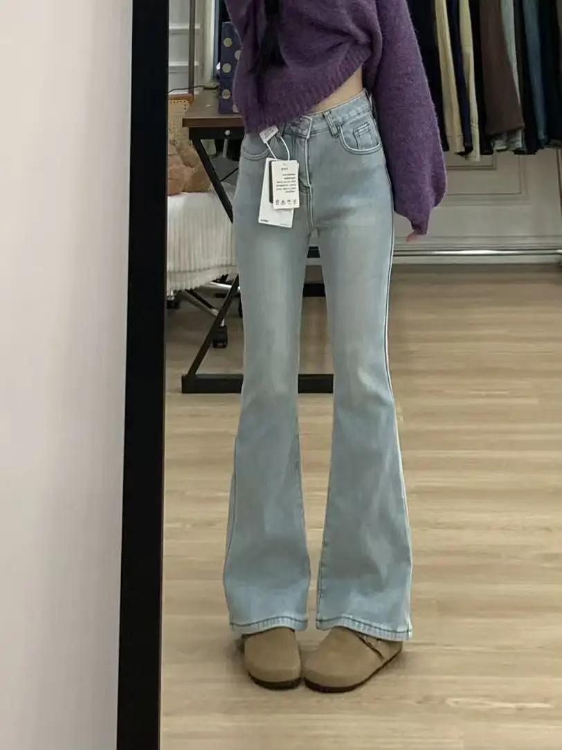 

High Waist Fleece Lined American Style Micro Flared Jeans Women's Autumn Winter Stretch Slimming Retro Hoof Pants
