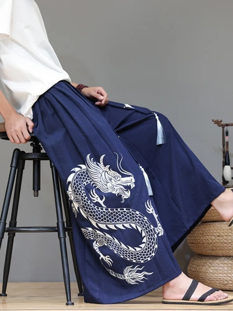 

New Chinese Sle Men's Summer Wide Leg Pants Loose Fit Dra Tassel Casual Leisure Breathable Thin Faion Trend Brand