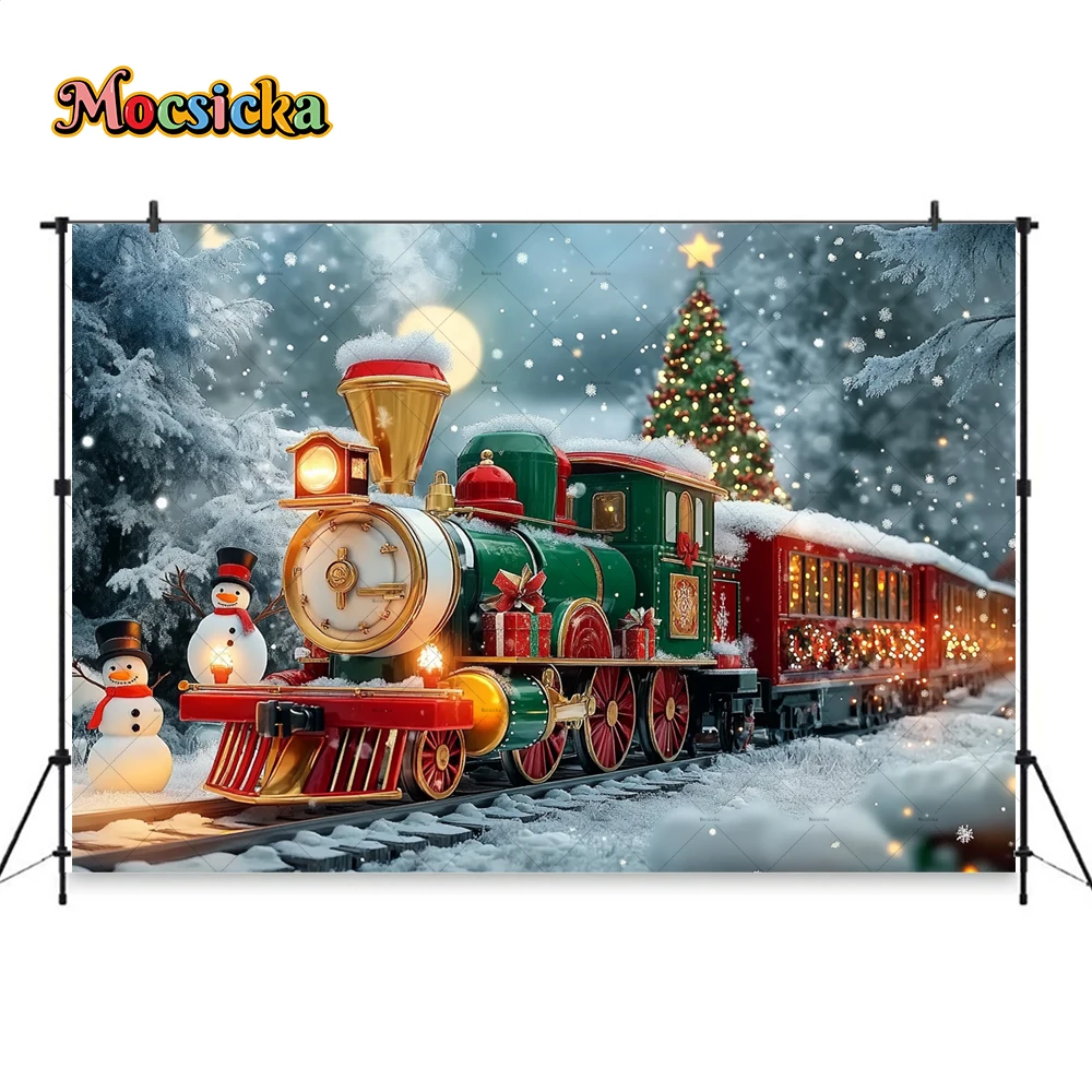 Christmas Colorful Train Background Photography New Year\'s Eve Snowman Xmas Tree Gift Backdrop Booth Kids Winter Birthday Photo