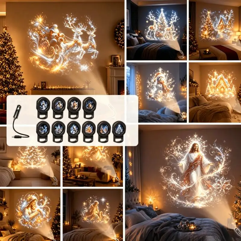 (Ce14)USB Christmas Projector Light 10pc Pattern Adjustable Night Light Xmas Santa Snowman Church Nativity Projection Lamp Decor
