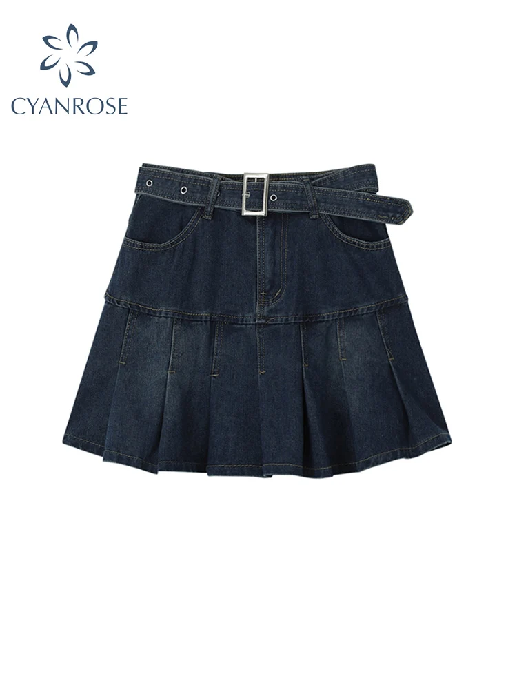 Y2k High Waist Denim Mini Pleated Skirts With Belt Women 2021 Summer Fashion Retro A Line Skirt Korean Ins Female Casual Skirts