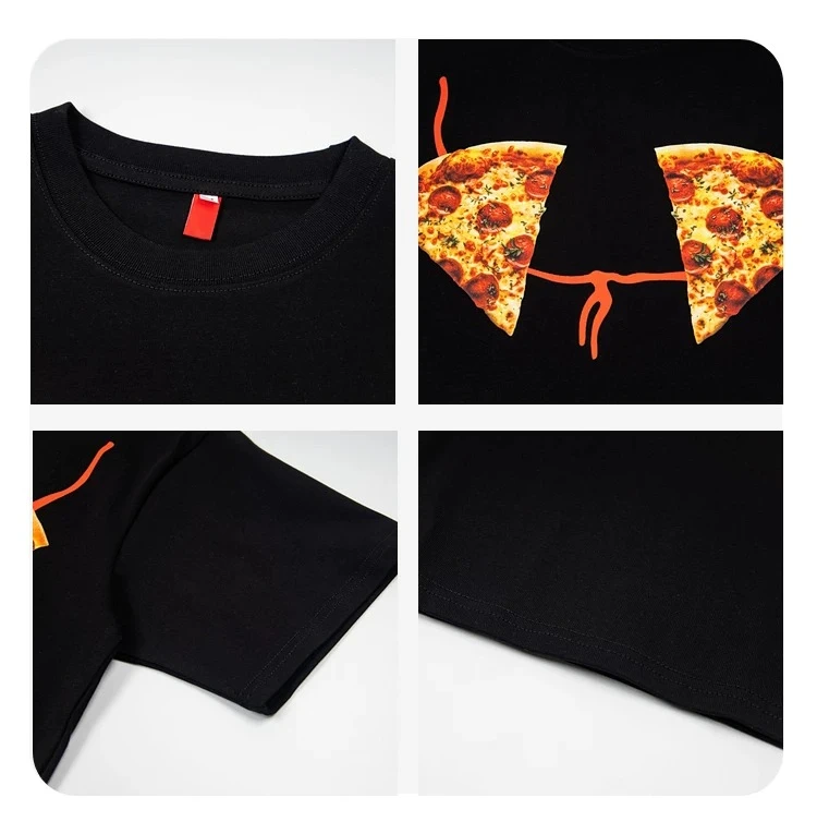 Summer New American Street Style Men Funny Pizza Print T-Shirt Loose Casual Black White Round Neck Short Sleeve Tee