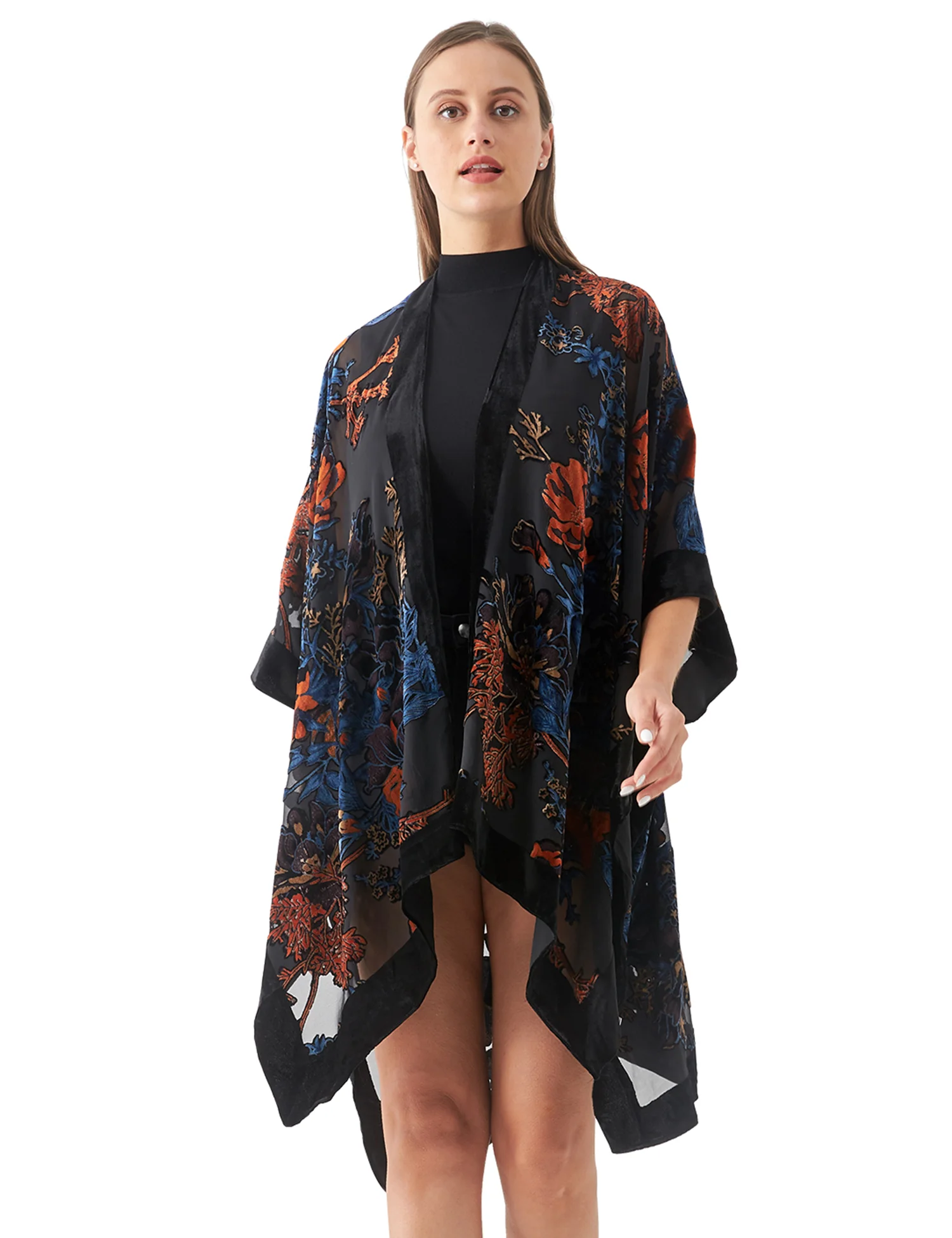 WeHello-Kimono de terciopelo Burnout para mujer, cárdigan para playa, sin borlas, chal informal para vacaciones, JYPF-35