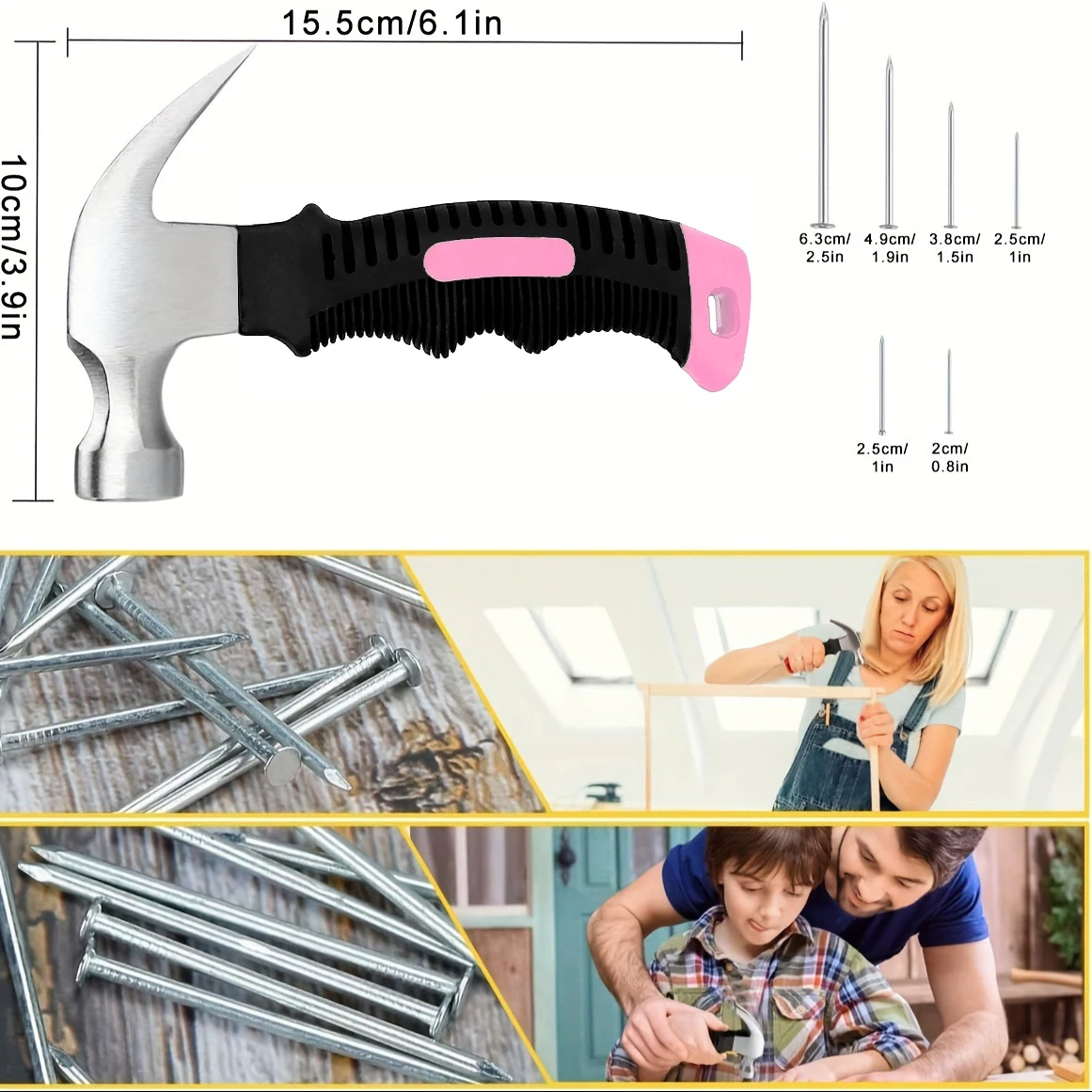 Pink Small Hammer & 280Pcs Wall Nails Set for Women, 8oz Mini Hand Tool for Hanging Picture Frame Canvas Art, Home Decor