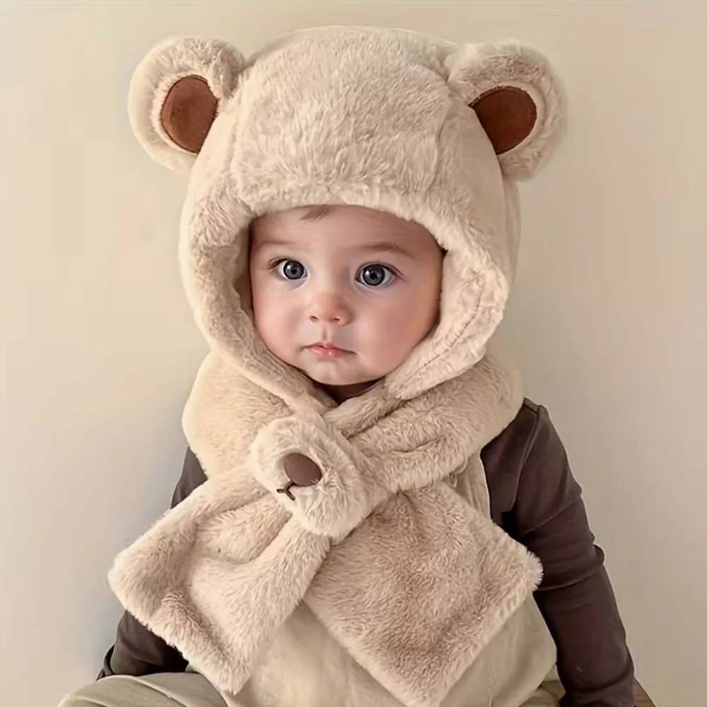 Combinação de chapéu e cachecol com capuz de urso de desenho animado infantil de 2 a 6 anos – proteção de ouvido quente espessada para esqui, festas, atividades ao ar livre