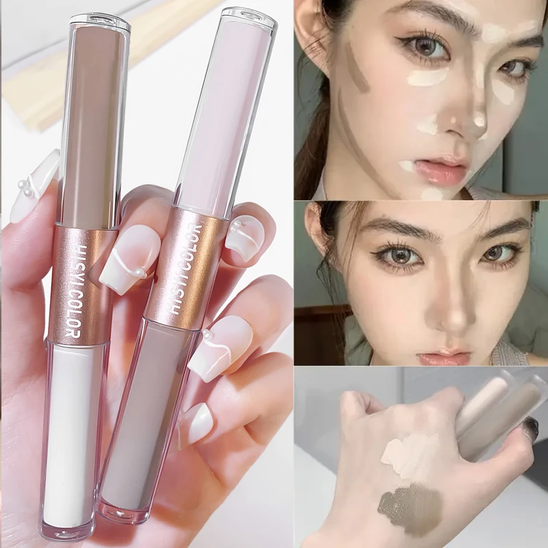 Caneta corretiva dois em um com destaque de ponta dupla, gravação 3D de nariz e rosto, cinza cimento, maquiagem natural