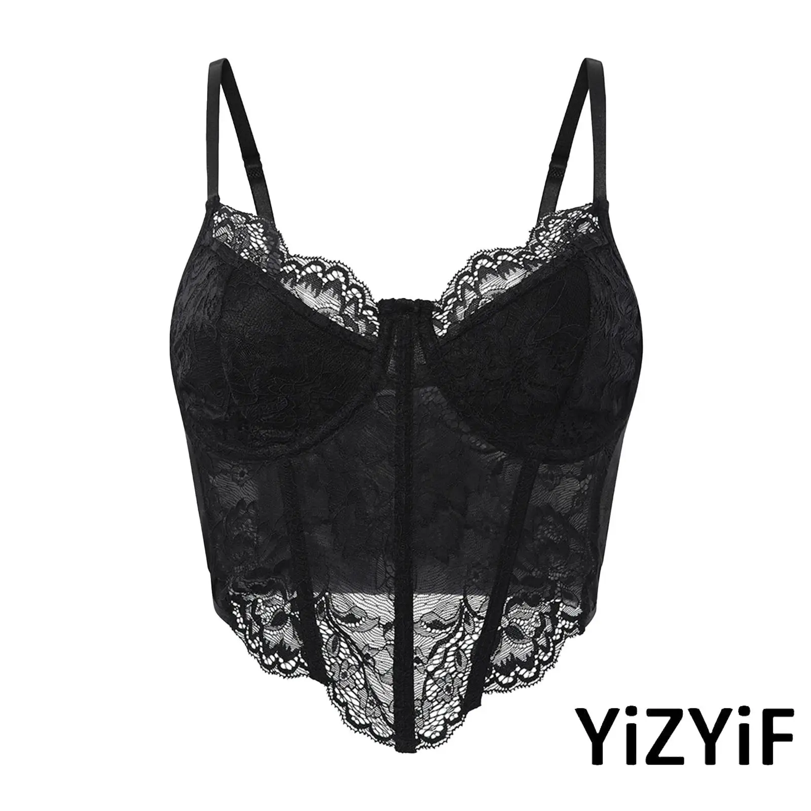 

Womens French Sexy Lace Floral Lace CamisoleSee Through Corset Sling Gothic Crop Tops Spaghetti Straps Push Up Bustier for Club