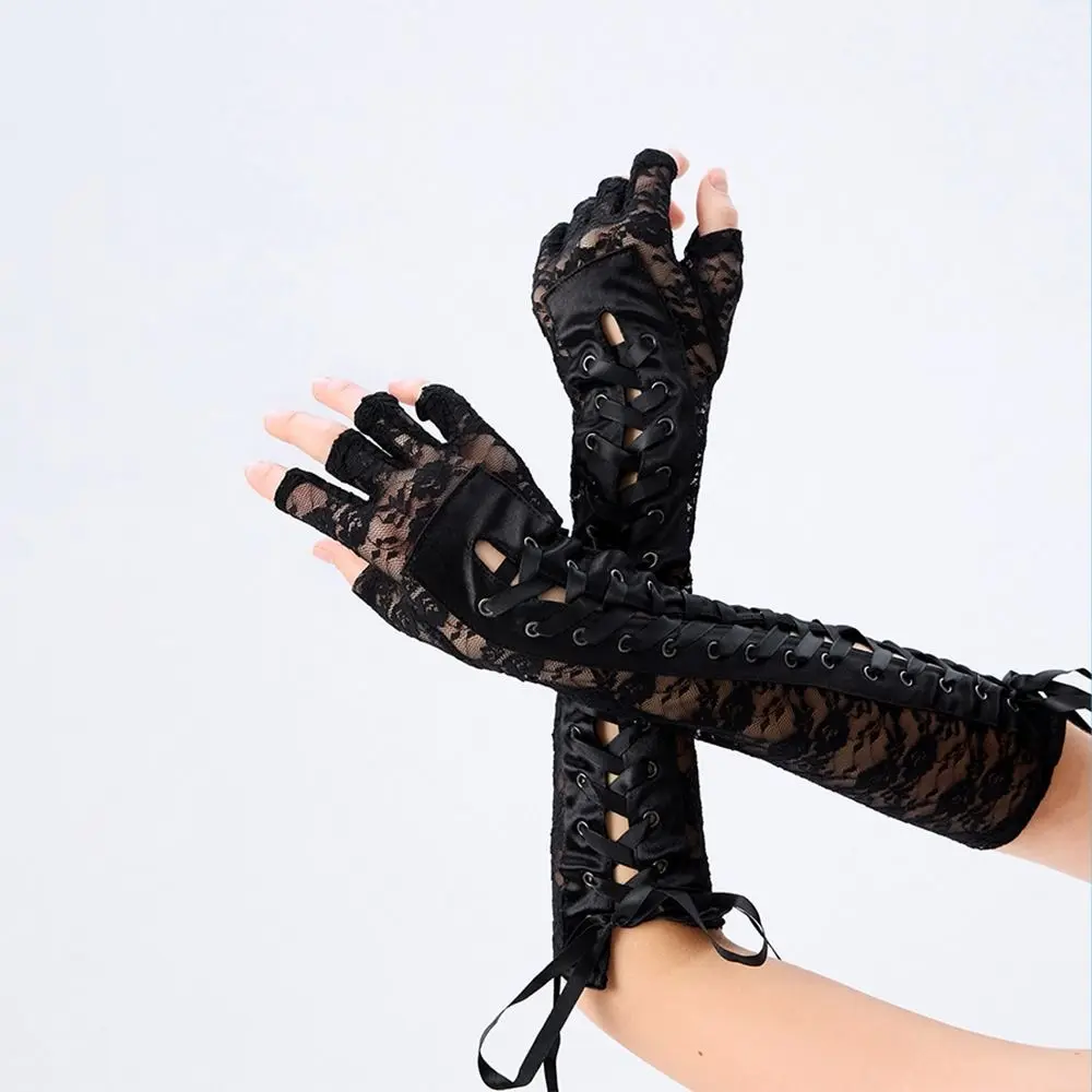 Slim Elastic Lace Strap Gloves Long Gloves Lolita Cloth Ribbon Half Finger Gloves JK Gothic Women Gloves Party