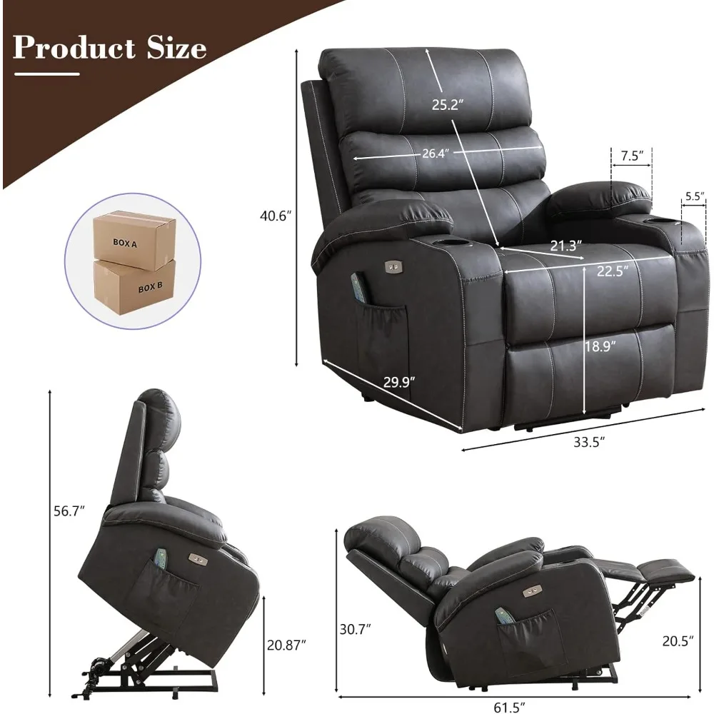 Power Lift Recliner Chair - Breath Leather Electric Recliner for Elderly - Heavy Duty Reclining Chair with Side Pockets, USB Cha