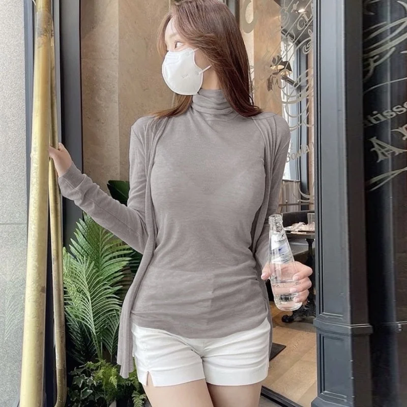 

Модный женский комплект из двух предметов с длинными рукавами и высоким воротником, облегающий крой, качество Dongda Gate, универсальный стильный жилет-кардиган