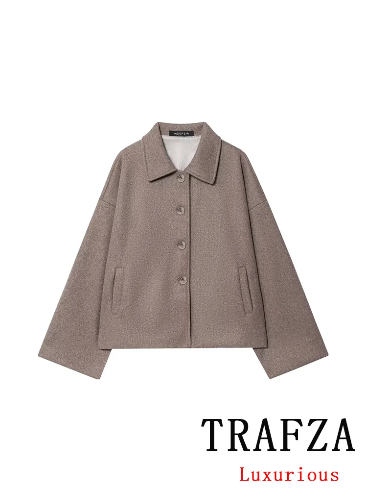 

TRAFZA Casual Vintage Chic Women Overcoat Solid Turn-down Collar Single Breasted Pockets Loose Coat New Fashion 2025 Autumn Coat