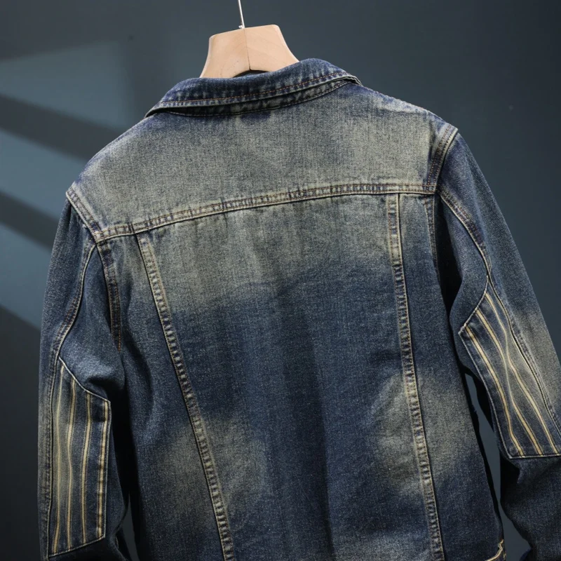 2024 New Fall Denim jacket men's fashion lapel loose retro multi-pocket washed nostalgic casual street clothes