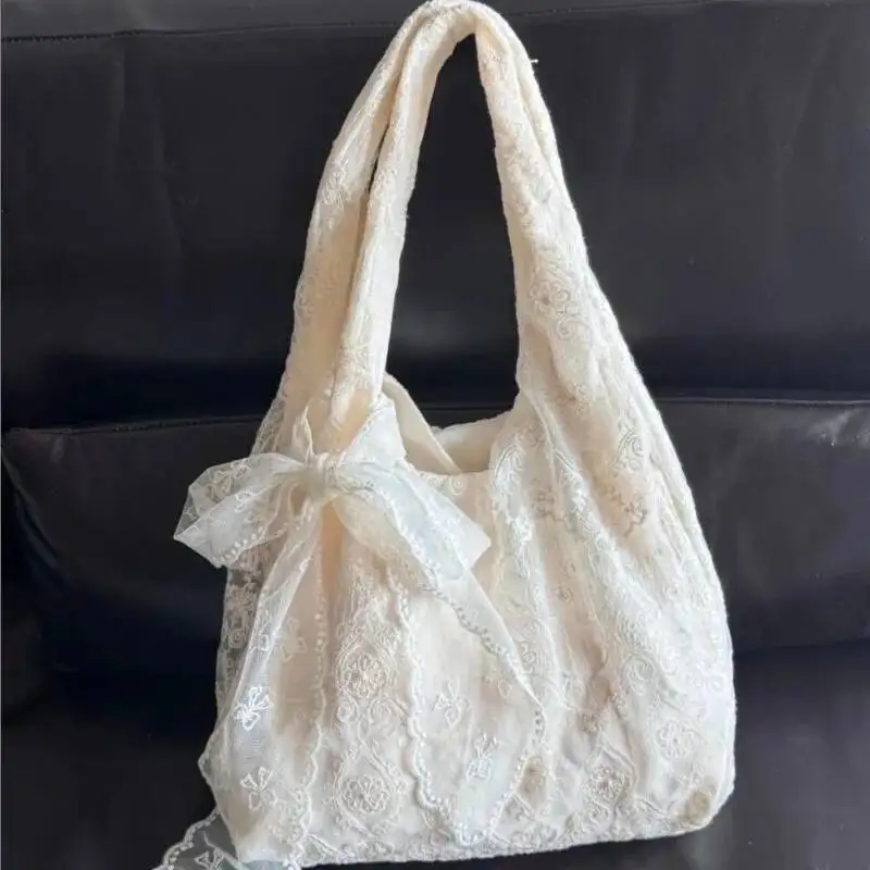 Bloom Fairycore Aesthetic White Handbag Women 2025 Summer Sweet Lace Bow Shoulder Bags Ladies Large Capacity Underarm Bag Y2k